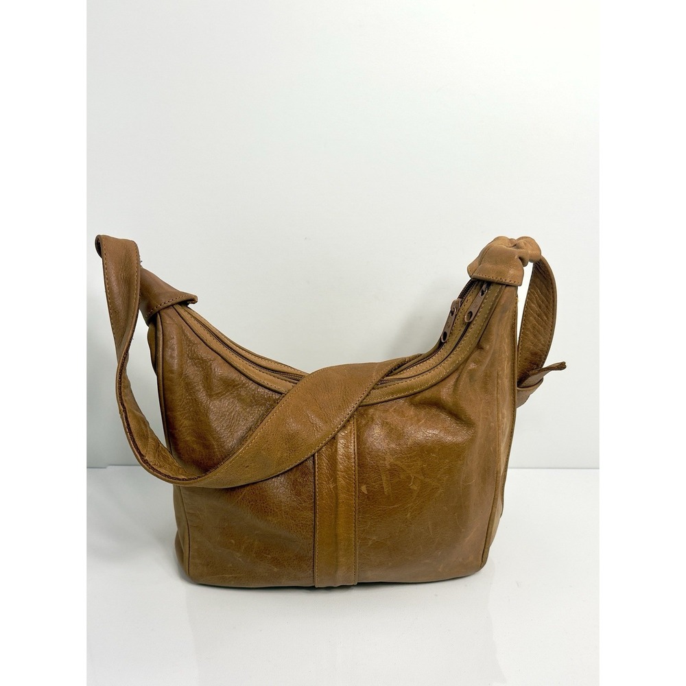 VTG Brown Leather Hobo Bag Slouchy Shoulder Purse Cognac Tan Boho Zipper Medium